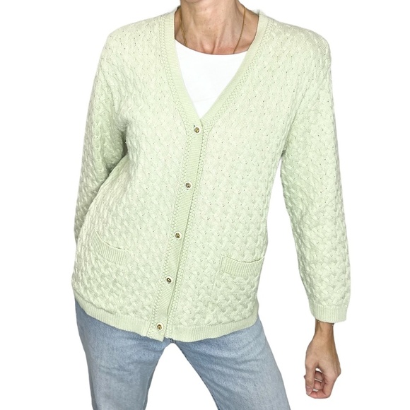 Vintage Laura Petites pale mint green cable knit grandma cardigan sweater - Picture 2 of 10